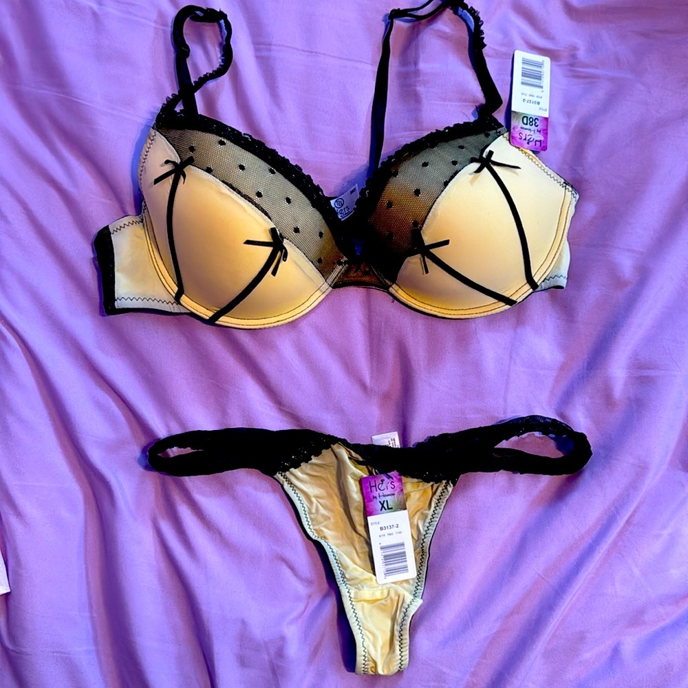 38d bra set yellow black pushup XL extra large thong panty underwear